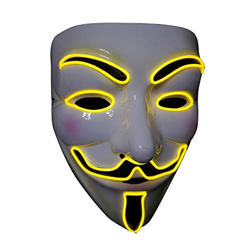 SOUTHSKY LED Maske Leuchtend V wie Vendetta Maske mit Led Licht Anonymous Masken Vollmaske Neon Lichter Blinker EL Draht Glowing 3 Modes Für Halloween Kostüm Cosplay Party(V-Gelb) von SOUTHSKY