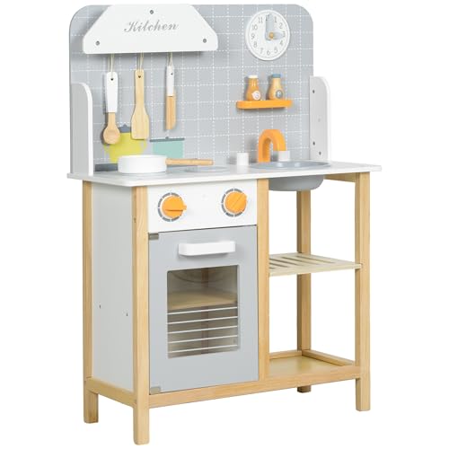 AIYAPLAY Kinderspielküche +3 Jahre Kinderspielküche aus Holz Kinderspielküche aus Holz mit Sound Herd Backofen Backofen Spüle und Küchenzubehör Grau von SPANISH AOSOM