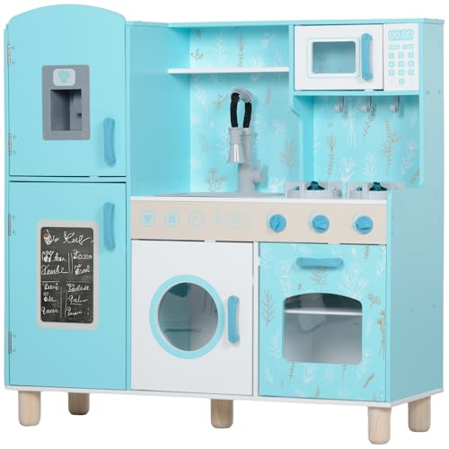 AIYAPLAY Kinderspielzeug Küche +3 Jahre Kinderküche aus Holz Kinderküche mit Sound Herd Backofen Wasserhahn Spüle Mikrowelle Waschmaschine Eiswürfelbereiter und Küchenzubehör Blau von SPANISH AOSOM