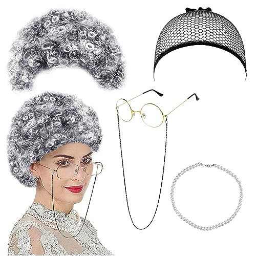 SPERMUOY Oma Perücke Old Lady Kostüm Set mit Locken Oma Perücke Perlenkette Oma Brille Brillenketten Kordelriemen Kostümzubehör,Alte Dame Cosplay Set für Fasching Karneval Mottoparty Damen(hellgrau) von SPERMUOY