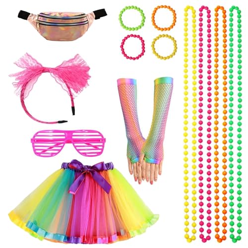 SPERMUOY 80er jahre outfit damen,80er Jahre neon accessoires damen Tutu Bauchtasche Beinwärmer Stirnband Armbänder Halskette Ohrring Brille, neon accessoires damen für 80er Jahre Kostüm Partys-Buntes von SPERMUOY