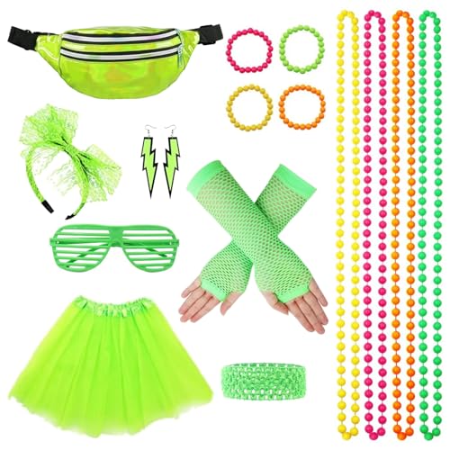 SPERMUOY 80er Jahre Outfit Damen, 80er Jahre Neon kostüm damen Tutu Bauchtasche Beinwärmer Stirnband Armbänder Halskette Ohrring Brille,Neon kostüm damen 80er,Neon Accessoires für Party Karneval-Grün von SPERMUOY