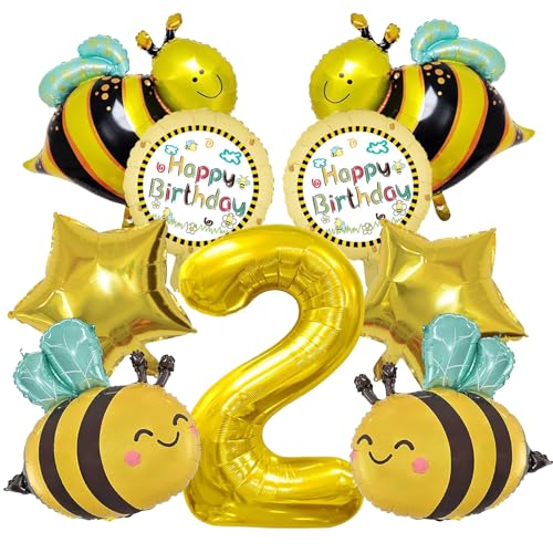 SPERMUOY Bienen deko geburtstag 2 Jahre, 10 Stück Biene geburtstag Party bienen ballons 2 Jahre Biene Folienballons 2 jahre mädchen, Gold Schwarz Nummer 2 Ballon, Kinder Folienballon Geburtstagspart. von SPERMUOY