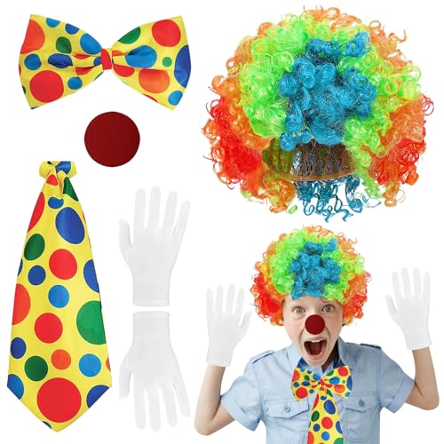 SPERMUOY Clown Kostüm Accessoire,5 Stück Clown Kostüm Set Clown Perücke Clown Nase Clown Weiß Handschuhe Clown Fliege Clown Krawatte,Clown Kostümzubehör für Erwachsene Kinder von SPERMUOY