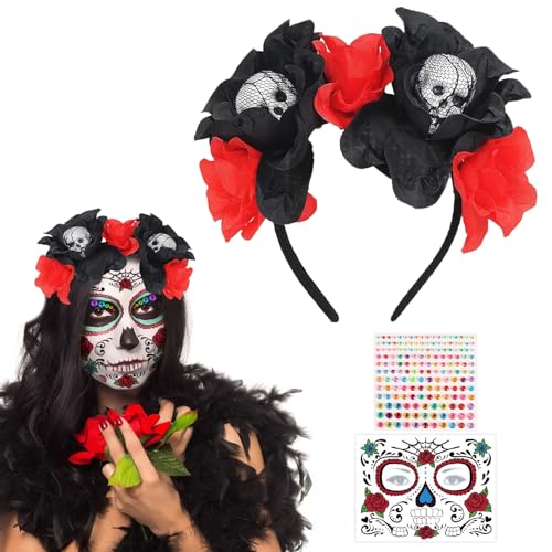 SPERMUOY Dia De Los Muertos Haarreif Halloween Blumen Haarreif,Halloween Stirnband Mexikanische Haarband mit Gesicht Tattoo Totenkopf,Damen Tag der Toten Haarschmuck für Karneval Halloween von SPERMUOY