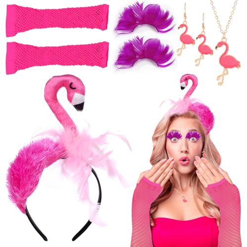 SPERMUOY Flamingo Kostüm Accessoire,5 Stück Flamingo Kostüm Damen mit Flamingo Haarreif Flamingo Hut Flamingo Halskette Flamingo Ohrringe,Flamingo Accessoire Set für Damen von SPERMUOY