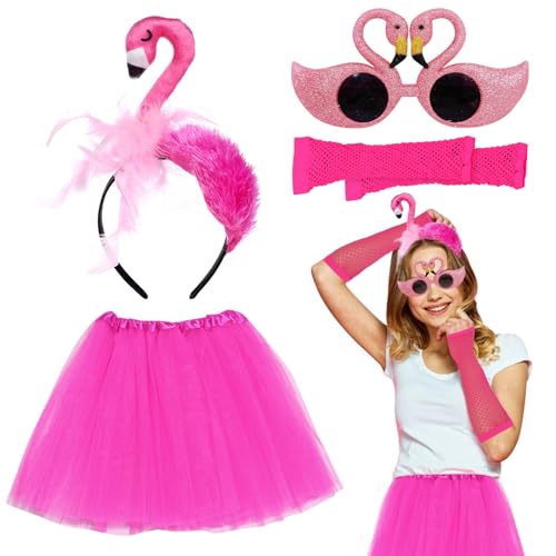 SPERMUOY Flamingo Kostüm Damen,4 Stück Flamingo Kostüm Zubehör mit Flamingo Stirnband Flamingo Brille Rosa Tuturock, Accessoire Flamingo Kostüm für Party Karneval Fasching von SPERMUOY