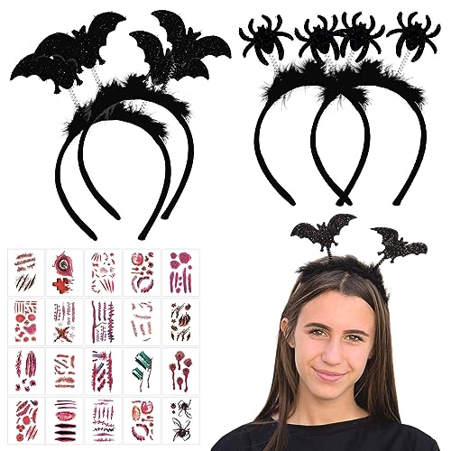 SPERMUOY Halloween haarreif Fledermaus Haarreifen, 2X Fledermaus Haarreif + Spinnen Haarreif mit Plüsch & Glitzereffekt und 20 Tattoos Aufkleber,Halloween Fledermaus Stirnband für Halloween Cosplay von SPERMUOY