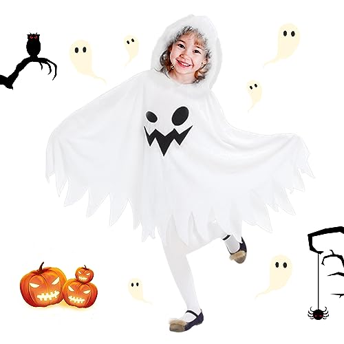 SPERMUOY Gespenster Mantel für Kinder Halloween,Kinder lächelnd Geist Poncho Cape,Gespenst Kapuzenponcho für Halloween Kinder Kostum Jungen Mädchen-S von SPERMUOY