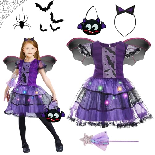 SPERMUOY Fledermaus Kostüm Mädchen,Halloween kostüm mädchen Fledermaus mit Fledermausflügel und fledermaus kleid,Halloween Kostüm Kinder Mädchen Cosplay für Karneval Party Tutu Kleid Fasching von SPERMUOY