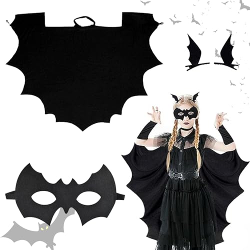 SPERMUOY Halloween Fledermaus Umhang Kinder,Fledermaus Flügel Umhang mit Fledermaus Maske und Fledermausflügel Haarspangen,Fledermaus Cosplay Kostüm für Halloween Karneval Fasching Maskerade-120 von SPERMUOY