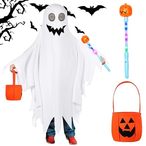 SPERMUOY Halloween gespenst kostüm kinder,Kinder Geisterkostüm Weiß GeisterUmhang Kinder mit Kürbistasche,Weiß Geisterumhang Kinderkostüm,Gespenster Kostüm Kinder für Halloween Party von SPERMUOY