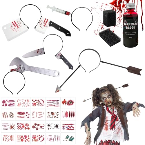 SPERMUOY Halloween messer Haarreif,5 Stück Horror Accessoire Halloween Axt im Kopf mit 20 PCS Halloween Tattoo Halloween Messer im Kopf,Blutige messer Haarreif für Karneval Masquerade von SPERMUOY