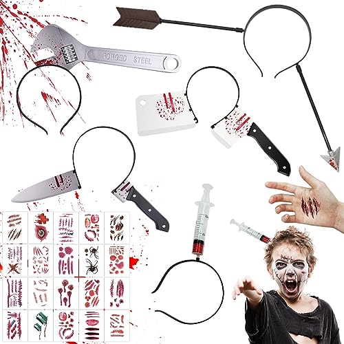 SPERMUOY Halloween messer im kopf 5 Stück Halloween zombie messer mit 20pcs Halloween Zombie Scars Tattoo,Halloween Grusel Haarschmuck für Fasching Karneval Kostüm Party Cosplay Requisiten von SPERMUOY