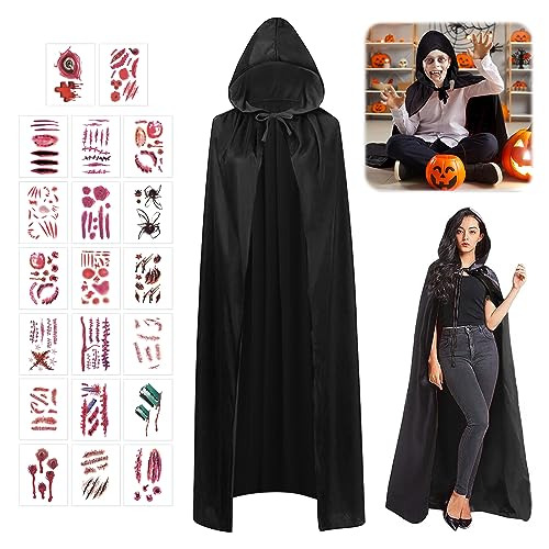 SPERMUOY Halloween vampir kostüm umhang,Vampir Umhang Erwachsene mit 20 Temporäre Tattoos,Vampir Kostüm Erwachsene Set für Halloween Cosplay Party-140cm von SPERMUOY