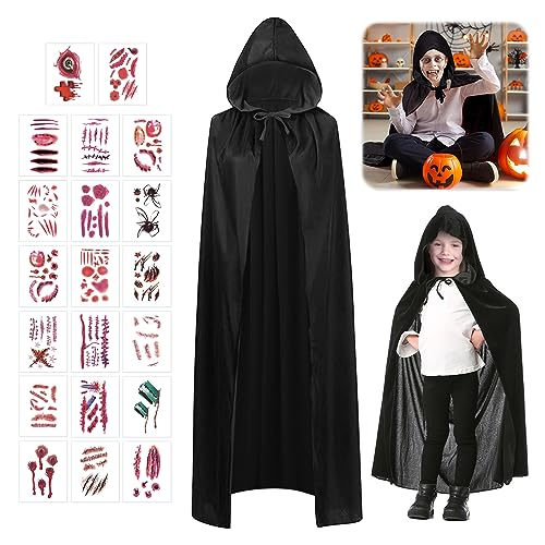 SPERMUOY Halloween vampir kostüm umhang,Halloween Kostüm Kinder Vampir mit 20 Temporäre Tattoos,Vampir Kostüm Kinder Set für Halloween Cosplay Party-90cm von SPERMUOY