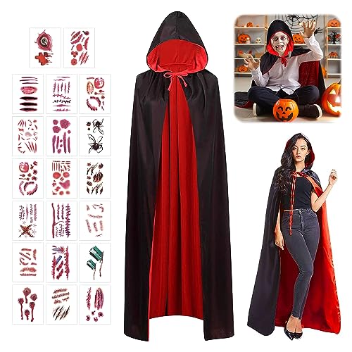 SPERMUOY Halloween vampir kostüm umhang,Vampir Umhang Schwarz Rot mit Kapuze,vampir umhang erwachsene 140cm mit 20 Temporäre Tattoos,Vampir Kostüm erwachsene Set für Halloween Cosplay Party-140 von SPERMUOY