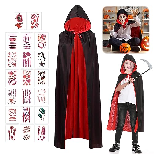 SPERMUOY Halloween vampir kostüm umhang,Vampir Umhang Schwarz Rot mit Kapuze 90cm,20 Temporäre Tattoos,Vampir Kostüm Kinder Set für Halloween Cosplay Party-90 von SPERMUOY