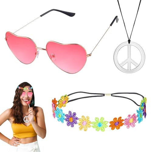 SPERMUOY Hippie Accessoires,3 Stück Hippie Partyzubehör Hippie Kleidung Damen Herren Accessoires,Vintage Brille Friedenszeichen Halskette Sonnenblume Krone Haarband,60er 70er Kostüm Zubehör von SPERMUOY