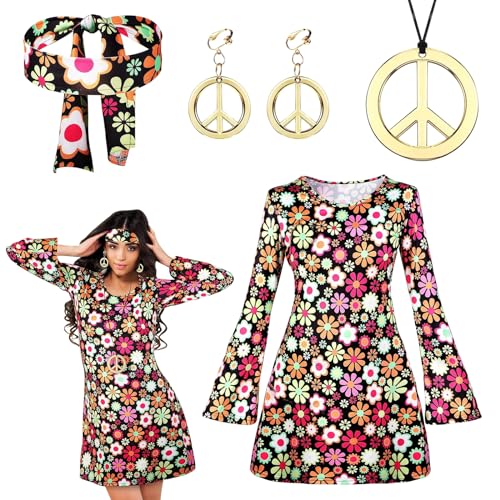 SPERMUOY Hippie Kostüm Damen,60er 70er Jahre Bekleidung Damen mit Halskette Ohrringe,Hippie kostüm damen accessoires Disco Fever Kleidung Frau Frauen Hippie Kleid Damen für Karneval Motto Party-M von SPERMUOY