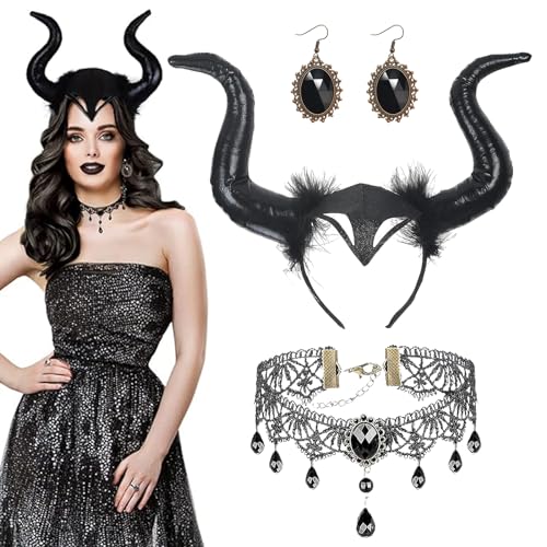 SPERMUOY Hörner kopfschmuck, Königin Hörner Kopfschmuck Hörner Haarreif mit Gothic Spitze Halskette Ohrringe,maleficent hörner haarreif Damen für Cosplay Maskerade Karneval Fasching von SPERMUOY