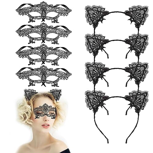 SPERMUOY Katzenkostüm Damen,8 Pcs Katzenohren Haarreif Spitze Catwoman Maske,SpitzeMaskerade Masken Katzenkostüm Damen Fasching für Karneval Valentinstag Kostüm Cosplay Party von SPERMUOY