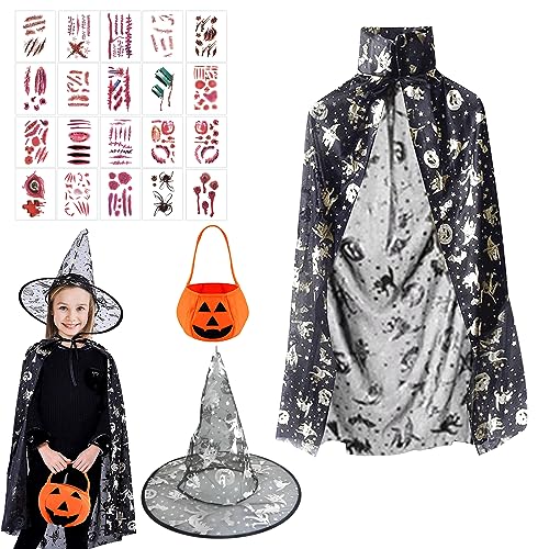 SPERMUOY Halloween Kostüm Kinder,Zauberer Kostüm Kinder Hexen Zauberer Umhang mit Hut,Kürbis Candy Bag+20 Halloween Tattoo Aufkleber, Halloween Kostüm Kinder Jungen Mädchen, Kostüm Halloween Kinder von SPERMUOY