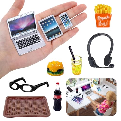 SPERMUOY Miniaturen Puppenhaus Zubehör kleines Möbelmodell,12 Stück Miniatur Wichtel Zubehör,Simulation Metall Laptop Handy und Tablet, Mini Brille Hamburger Cola Pommes Getränke Tablett von SPERMUOY