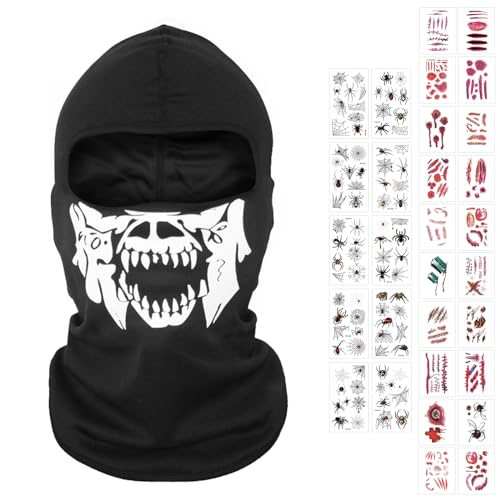 SPERMUOY Schädel Gesichtsmaske Halloween,Skelett Maske Schwarz mit Spinne Tattoo Aufkleber und Wunde Tattoo Aufkleber,Halloween Skelett Maske für Halloween Cosplay/Ski/Motorrad von SPERMUOY