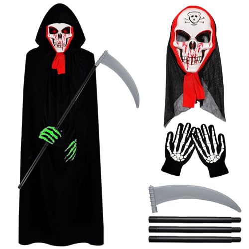 SPERMUOY Sensenmann kostüm erwachsene,halloween kostüm herren Schwarz Sensenmann Kostüm Sensenmann Umhang mit Sensenmann Sense Schädelmaske,Halloween Kostüm Erwachsene für Deko Cosplay Karneval von SPERMUOY