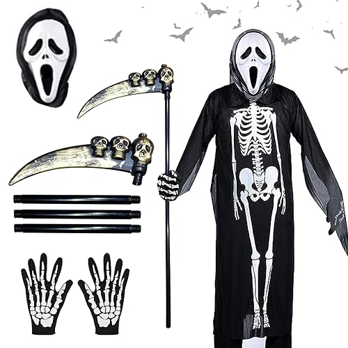 SPERMUOY Sensenmann Kostüm Halloween kinder Kostüm,Sensenmann Skelett Kostüm mit Sensenmann Sense Schädelmaske Handschuhen für Halloween Dekoration, Cosplay, Karneval von SPERMUOY