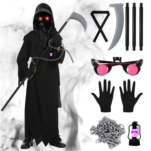 SPERMUOY Kinder Kostüm Sensenmann,Halloween kostüm kinder jungen Sensemann Umhang mit Sensenmann Sense SchädeHandschuhe,Kinder Sensenmann Kostüm für Cosplay Halloween Party-S von SPERMUOY