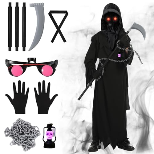 SPERMUOY Sensenmann Kostüm Kinder,Sensenmann Kostüm Set,Sensemann Umhang mit Sensenmann Sense SchädeHandschuhe,Halloween Sensenmann Kinder Kostüm mit Kapuze für Cosplay Halloween Party-M von SPERMUOY