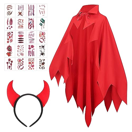 SPERMUOY Teufel kostüm kinder jungen,Halloween Kostüm Kinder Teufelkostüm mit Teufelshörner Haarreif Rot und 20pcs Halloween Tattoo Aufkleber,Rot Teufelskostüm Umhang für Halloween Cosplay Kostüm von SPERMUOY