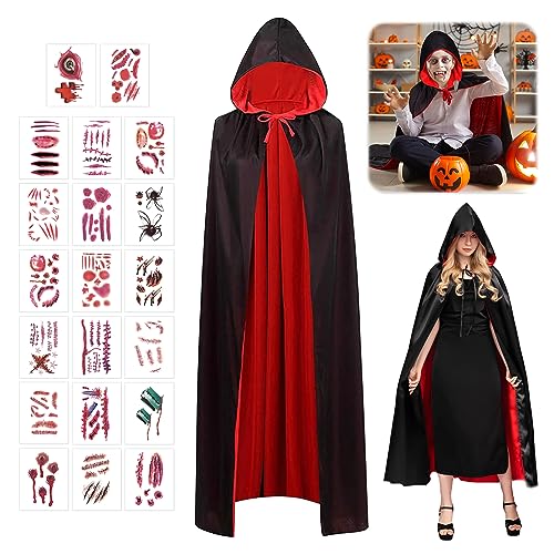 SPERMUOY Vampir Kostüm Kinder Set，Vampir Umhang Schwarz Rot mit Kapuze, Vampir Umhang Kinder 120cm mit 20 Temporäre Tattoos,Vampir Kostüm Kinder Set für Halloween Cosplay Party von SPERMUOY