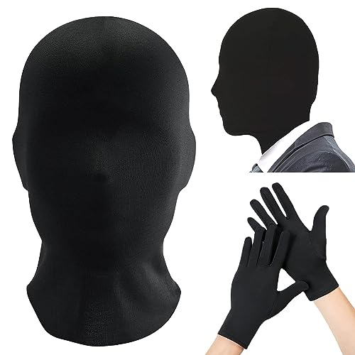 SPERMUOY Vollgesichtsmaske Halloween Schwarz Spandex Vollgesichtsmaske,Unisex Schwarz Gesichtslose Maske mit Schwarzen Handschuhen,Halloween Spandex Kapuze für Unisex Tuch von SPERMUOY