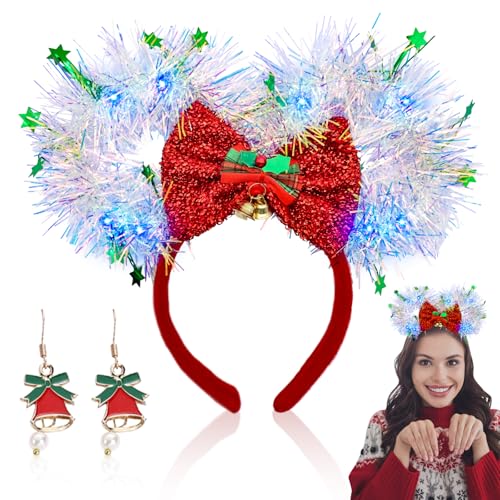 SPERMUOY Glitzer haarreif LED Haarreif,silvester haarreif Weihnachtshaarreifen kopfschmuck Weihnachts mit ohrringe,haarreifen damen weihnachten von SPERMUOY