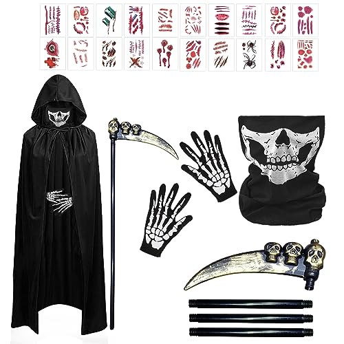 SPERMUOY Sensenmann kostüm kinder,Halloween kostüm kinder Sensenmann kostüm jungen mit Sensenmann Sense Schädelmaske SchädeHandschuhe und Aufkleber,sense halloween Kostüm für Halloween Cosplay-120cm von SPERMUOY