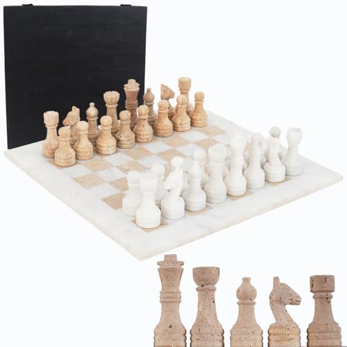 SPESHSTONES Travertin-Marmor-Schach-Set, 38,1 cm, Weiß und Travertin mit Aufbewahrungsbox, handgefertigtes Brettspiel, 1 Schachbrett und 32 Schachfiguren, Reise-Schach-Set für Familie, von SPESHSTONES