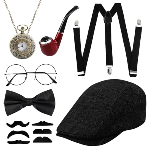 SPHERETRON 20er jahre Herren Accessoires, 12 Stück Mafia Herren Accessoires,Gatsby Herren Accessoires,Panamahut Taschenuhr Hosenträger Fliege Bärte Brille für Fasching Karneval（Schwarz） von SPHERETRON