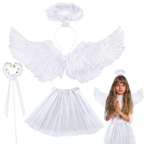 SPHERETRON Engel Kostüme,Engel Kostüm Weiße,Engel Kostüm Kinder Set mit TuTu Rock,24.4in Federflügel Engel,Heiligenschein und Zauberstab, Engel Kostüm für Karneval,Cosplay usw. von SPHERETRON