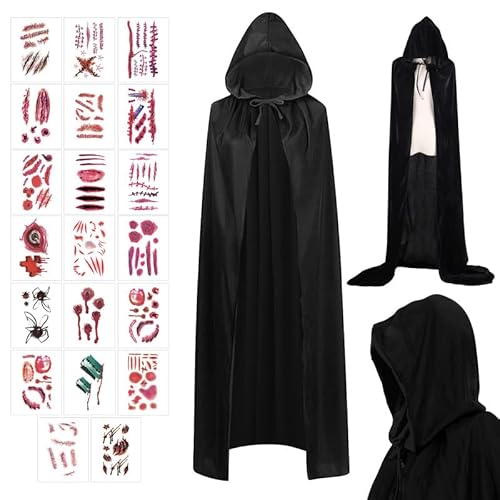 SPHERETRON Halloween Kostüm Damen Schwarzer Umhang Halloween Umhang Damen Kostüm Halloween Damen Schwarzer Umhang mit Kapuze Halloween Kostüm Männer für Halloween Party (Schwarz, 140cm) von SPHERETRON