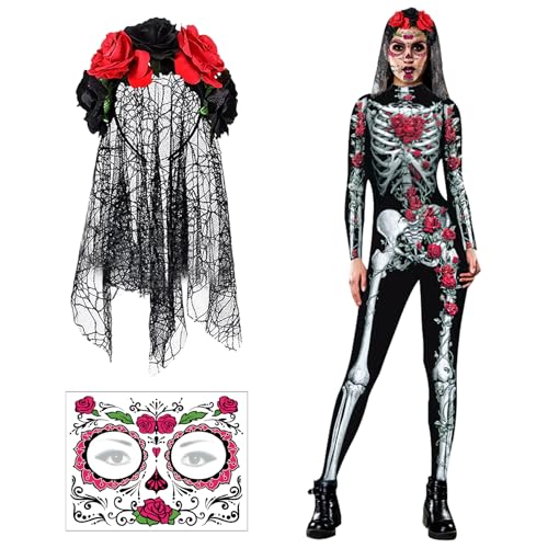 SPHERETRON Tag der Toten Kostüm Damen Dia de los Muertos Kostüm Kostüm Tag der Toten Damen Karneval Tag Der Toten Mit Kopfschmuck Und Gesichtsaufklebern für Karneval Halloween Kostümparty von SPHERETRON