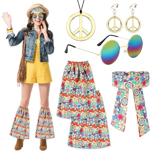 Hippie Accessoires 7 Stück Hippie Accessoires Damen Hippie Kostüm ZubehörHippie Kleidung Damen Hippie mit Hippie Brille Stiefelholster Friedenszeichen Anhänger Vintage Zubehör für Karneval Cosplay von SPHERETRON