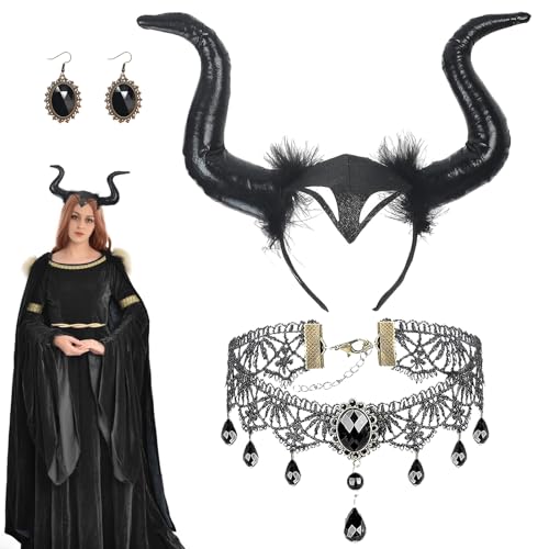 SPHERETRON Hörner Kopfschmuck Schwarze Hörner Haarreif Teufelshörner Königin Hörner Kopfschmuck Halloween Kopfschmuck Damen Schwarze Hörner für Halloween Karneval Cosplay von SPHERETRON