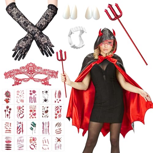 SPHERETRON Kostüm Teufel Umhang mit Kapuze Damen Halloween Kostüm Damen Vampir Umhang Faschingskostüme Damen für Karneval, Halloween, Motto Party Dress Up von SPHERETRON