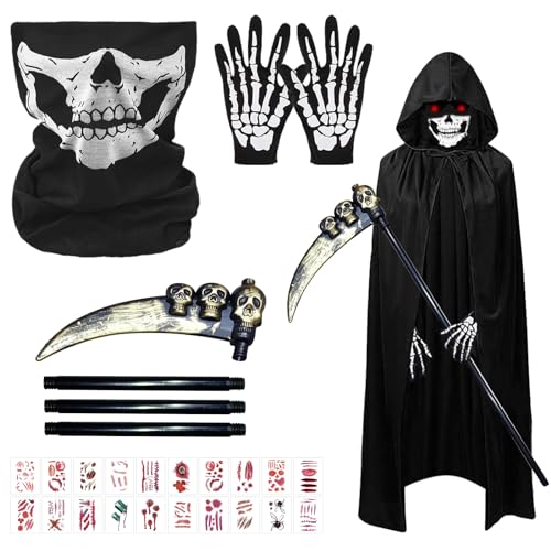 SPHERETRON Sensenmann Kostüm Kinder,Halloween Reaper Kostüm,Kinder kostüm Sensenmann mit 120cm Reaper Kapuzeumhang,Sensenmann Sense,Schädelmaske,SchädeHandschuhe,20 Tatoos,Reaper Kostümfür Halloween. von SPHERETRON