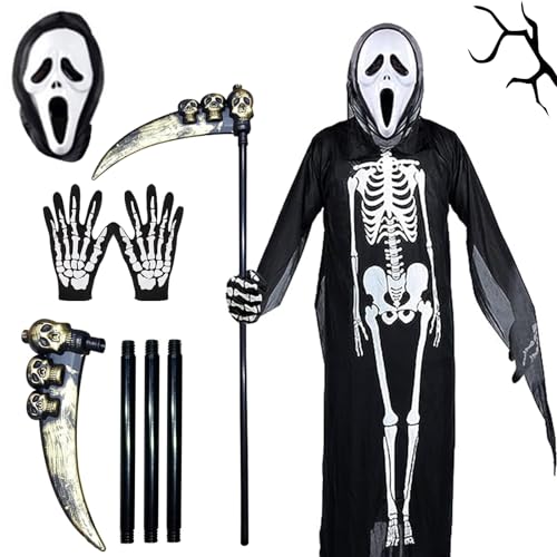 SPHERETRON Skelett Kostüm schwarzer skelett kostüm kinder Reaper Kostüm Geistermaske SchädeHandschuhe Halloween Kostüm Skelett Unisex Grim Reaper Kostüme Skelett Kinderkostüm Jungen von SPHERETRON