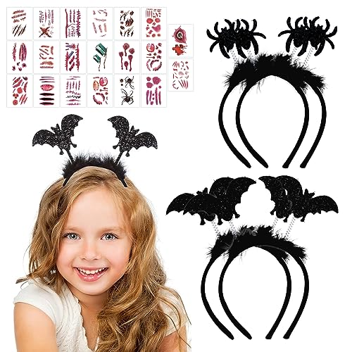 SPHERETRON Spinnen Haarreif Kinder,Halloween Haarreif Kinder set mit 2 Fledermaus haarreif,2 Spinnen Haarschmuck,20 Tattoos,Halloween Haarschmuck für Halloween Coaplay usw.（Schwarz） von SPHERETRON