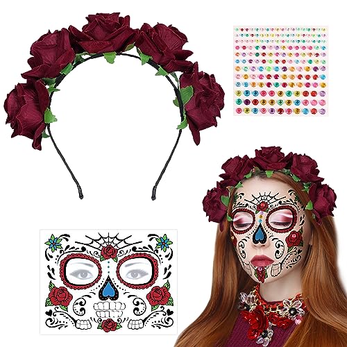 SPHERETRON Tag der Toten Haarreif Dia de los Muertos Tag der Toten Kostüm Damen Halloween Haarreif Tag der Toten Haarschmuck Rosen Haarreif Halloween für Halloween Cosplay von SPHERETRON